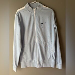 Kultivate, size small, Amsterdam men’s light blue zip up sweater with palm trees